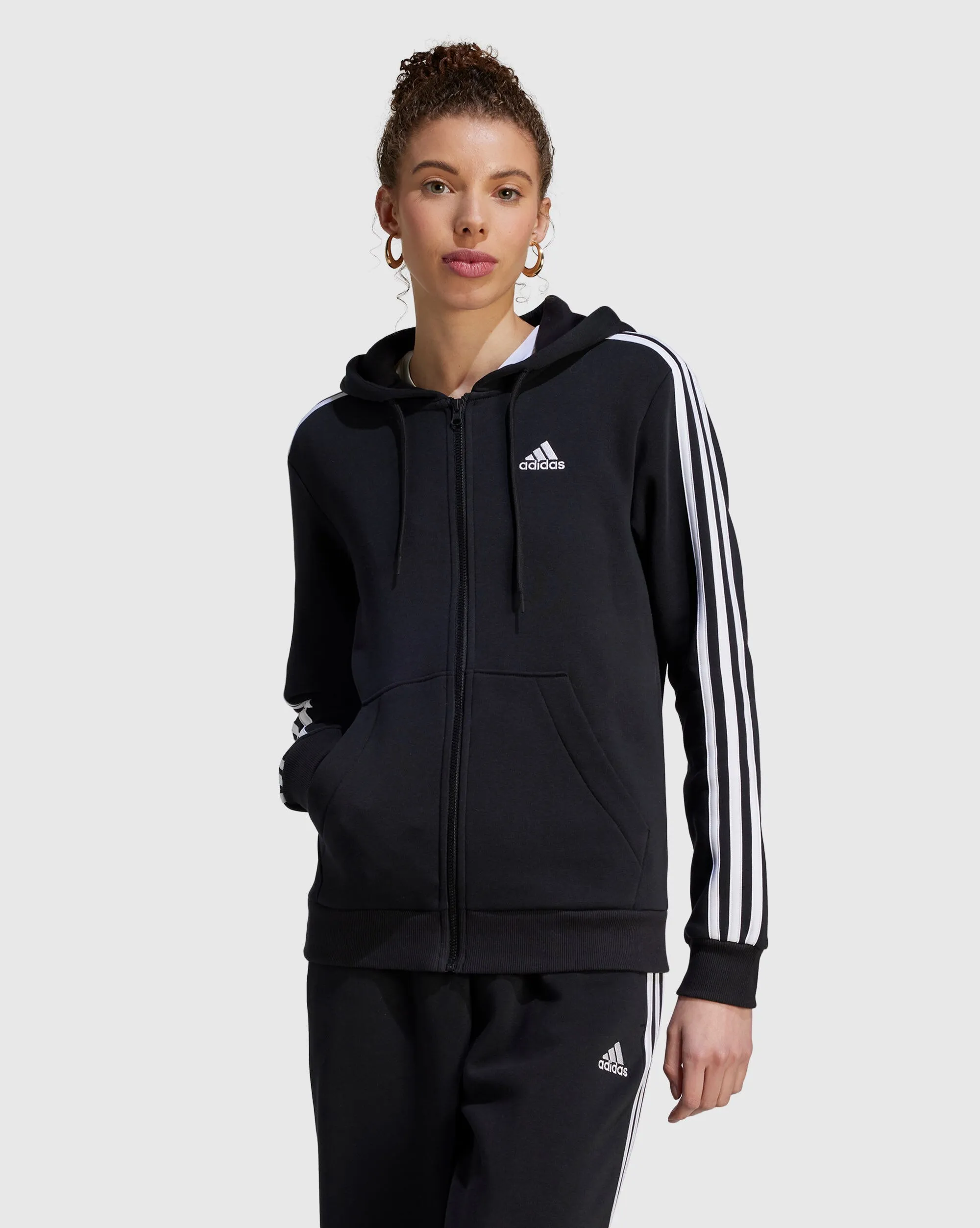 Adidas Felpa Con Cappuccio Full Zip 3-Stripes Fleece Nero Donna