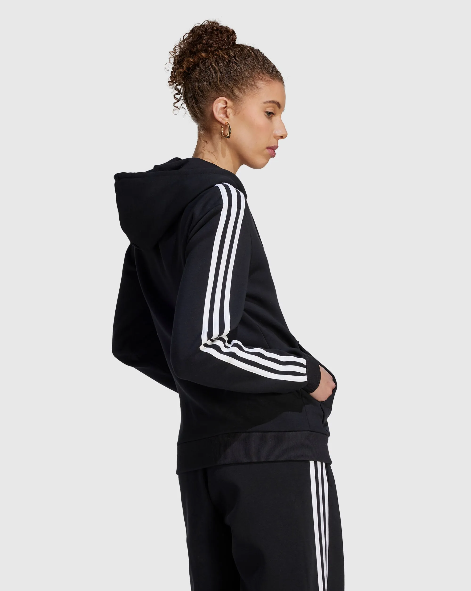 Adidas Felpa Con Cappuccio Full Zip 3-Stripes Fleece Nero Donna