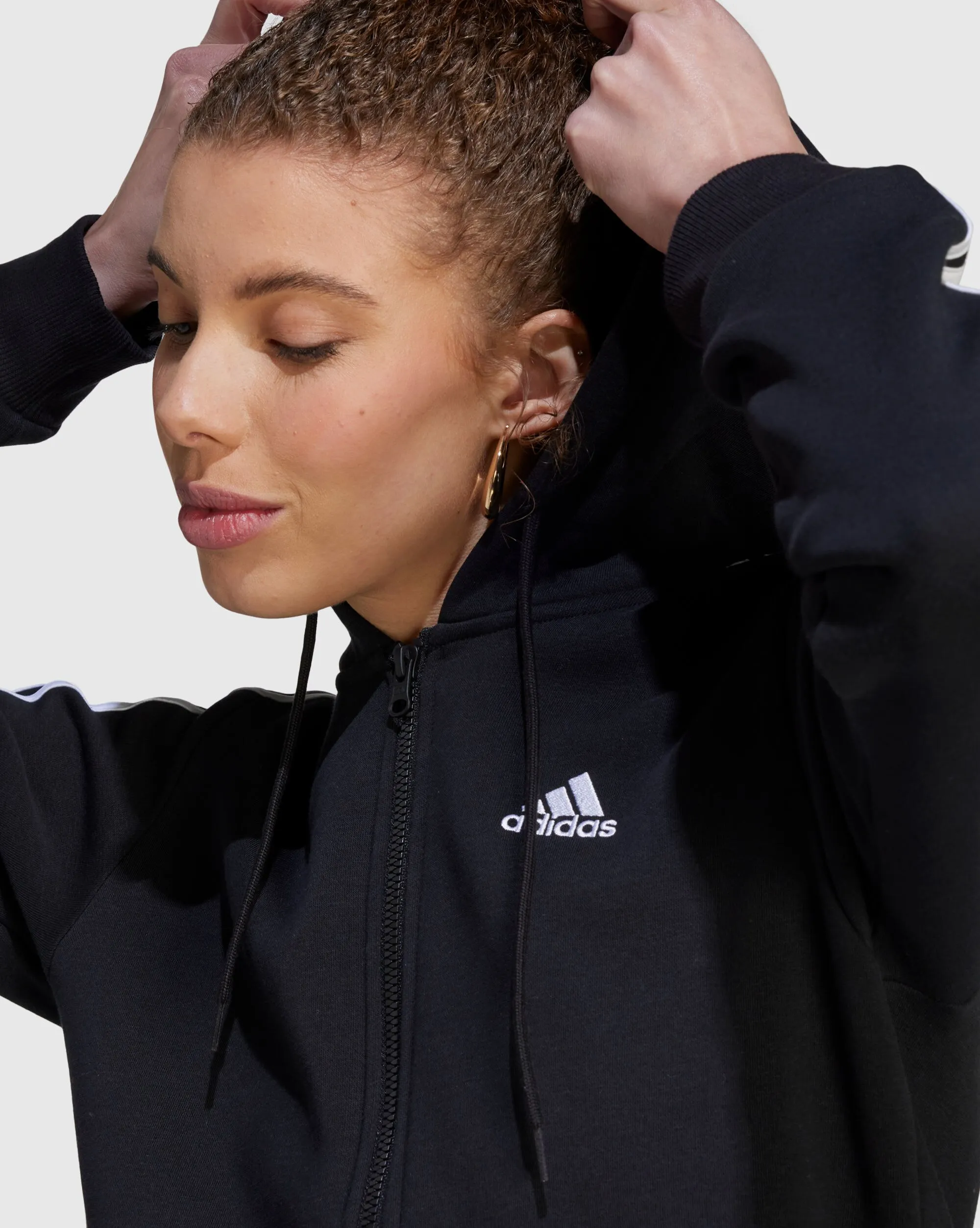 Adidas Felpa Con Cappuccio Full Zip 3-Stripes Fleece Nero Donna