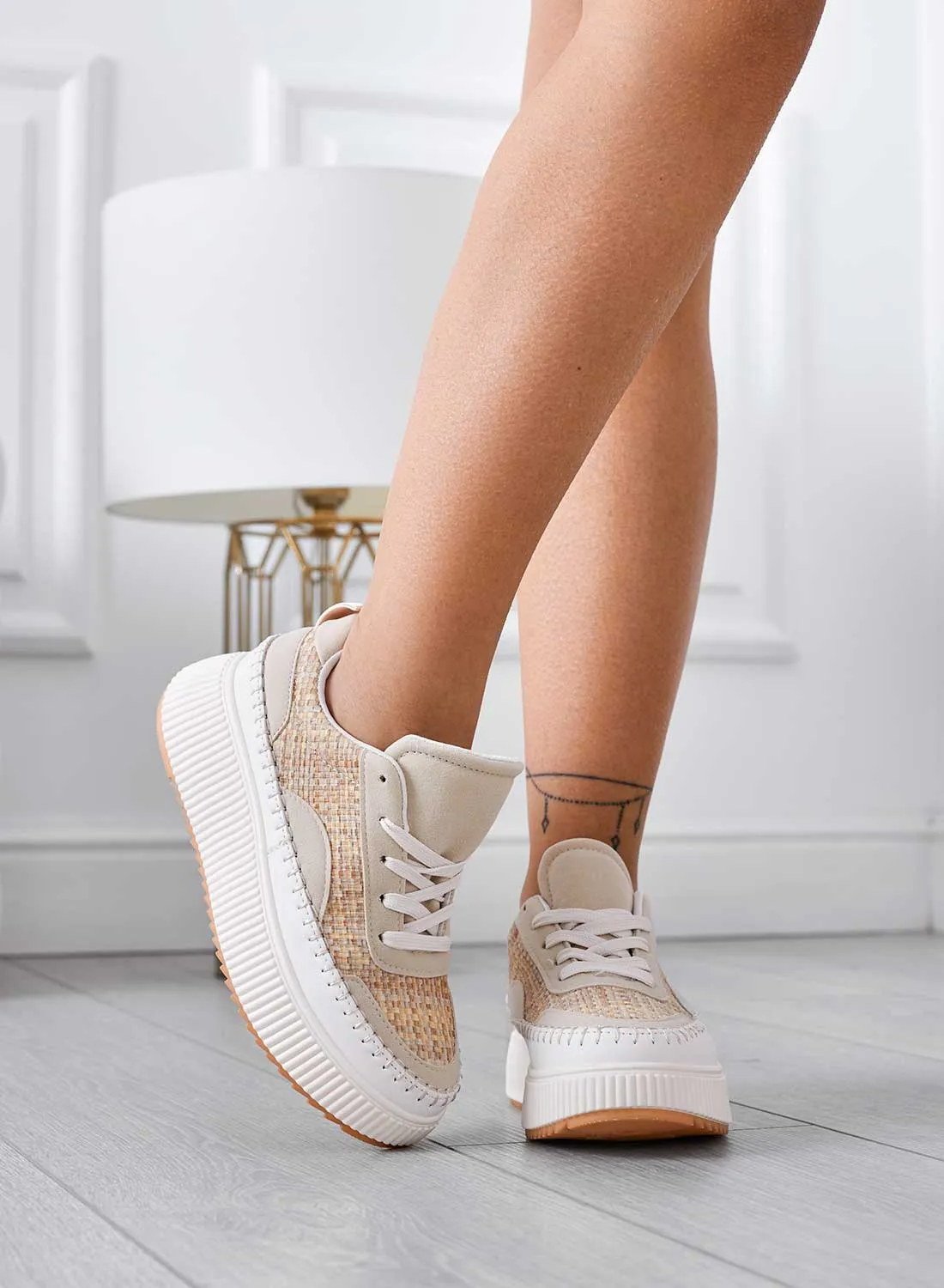 ANNACHIARA - Sneakers beige in tessuto con zeppa