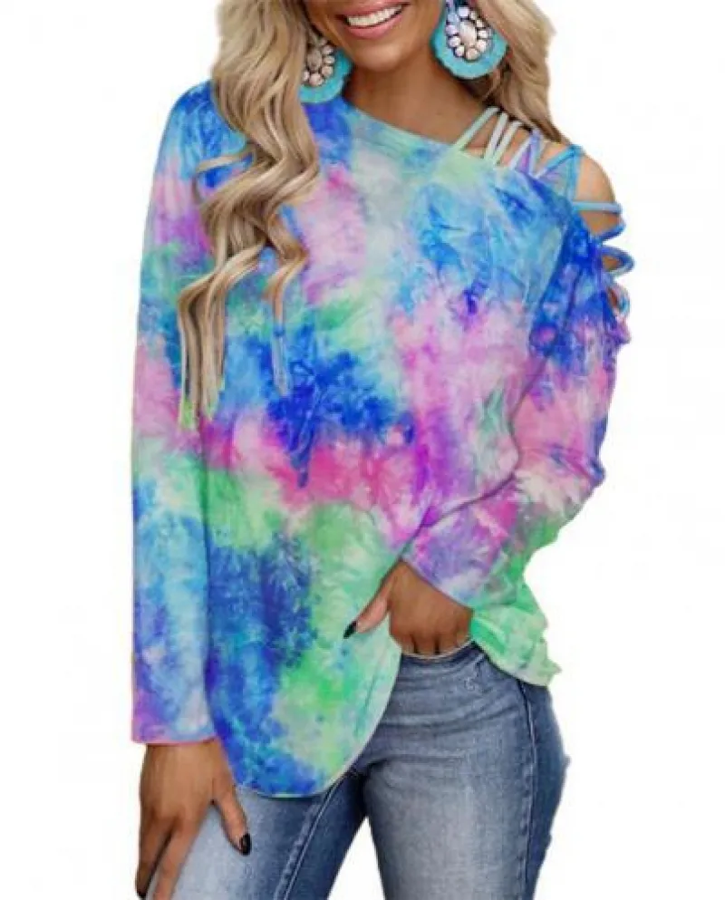 Maglietta da donna Oversize Tie Dye Colletto inclinato Magliette estive Casual L