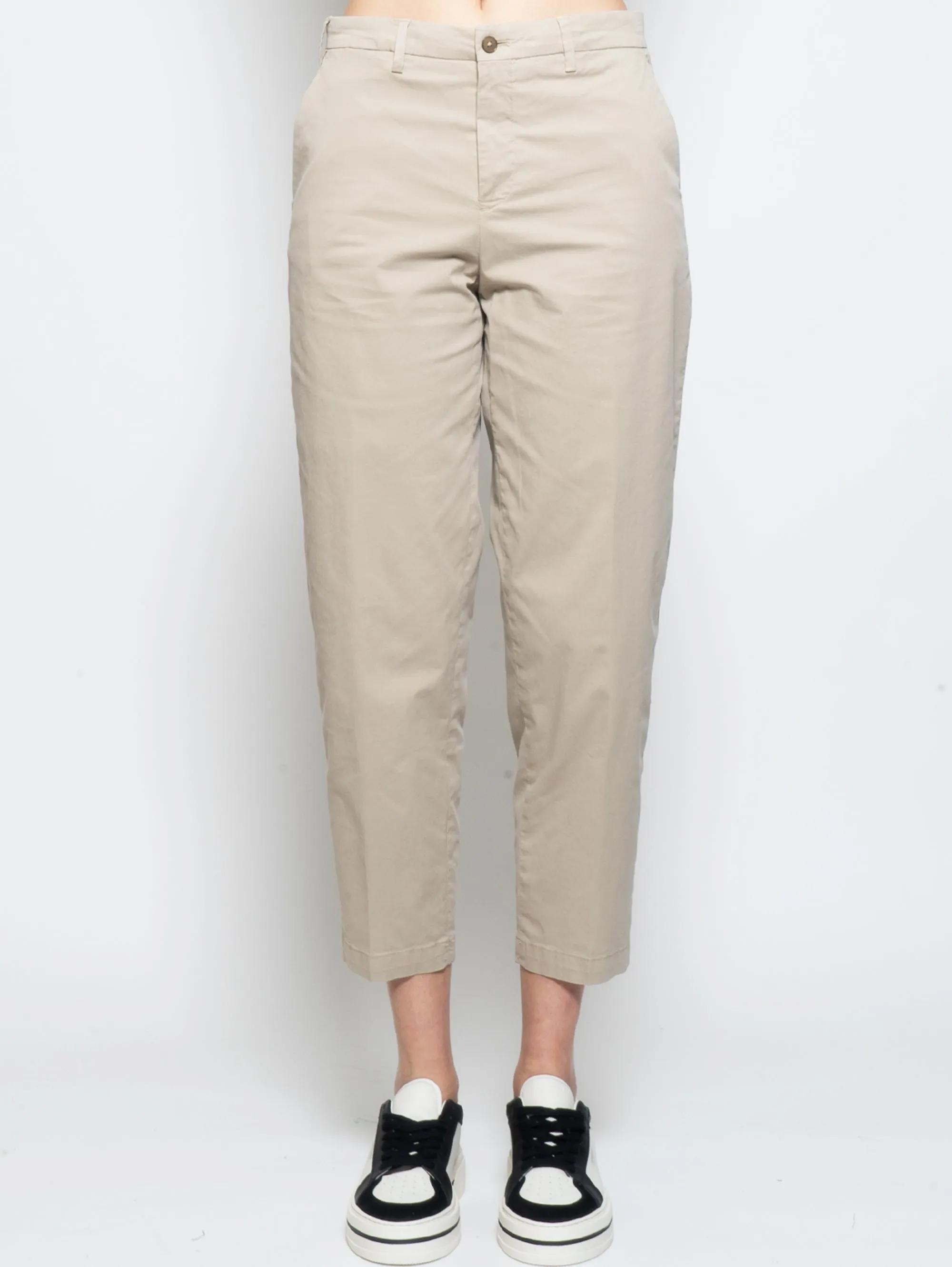 Pantaloni Vita Alta in Cotone Beige