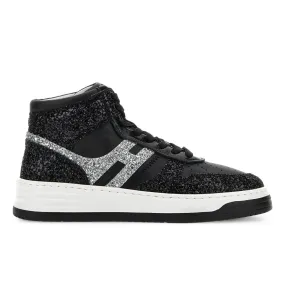 Sneakers High Top Hogan H630 nera e argento in pelle e glitter